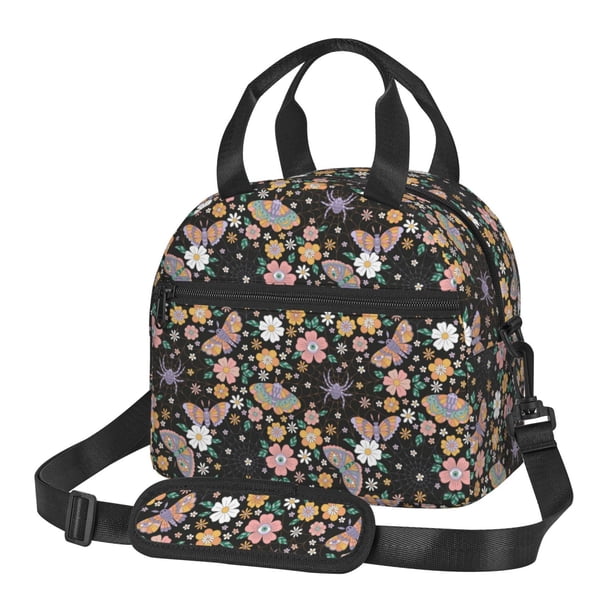 Balery Floral Insects Bolsa de Almuerzo Impresa, Caja de Almuerzo Reutilizable, Bolsa Térmica Aislada para Almuerzo, Bolsa Antiderrames