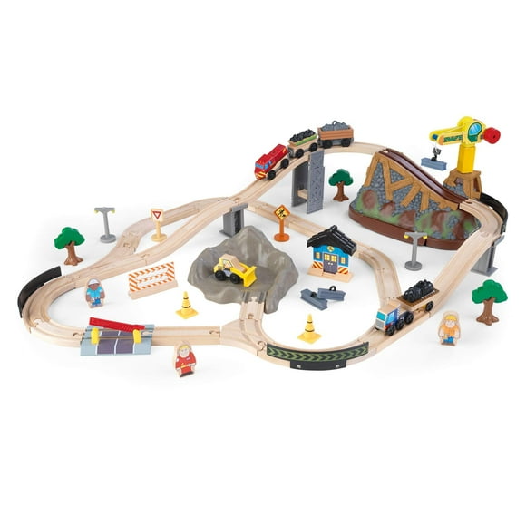 KidKraft Ensemble de Train en Bois avec Seau, Bulldozer, Grue, Pistes, Rangement et 61 Pcs de Jeu, Cadeau pour 3 Ans et Plus