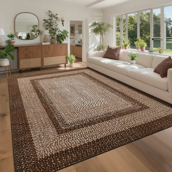 3x5 Braided Rug, Washable Area Rug for Living Room, Vintage Accent Rug, Braided Print Carpet, Low Pile Non-Shedding Kitchen Rugs with Non Slip Backing, Aesthetic Foldable Brown Rug
