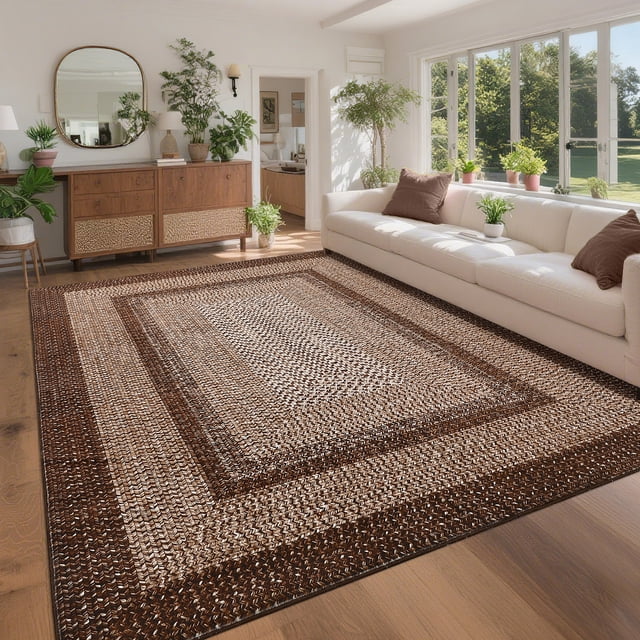 Gaderth 9x12 Large Braided Print Area Rug For Living Room, Washable Farmhouse Rug With Non Slip TPR Backing, Low Pile Stain Resistant Carpet For Bedroom Dining Room Nursery Office