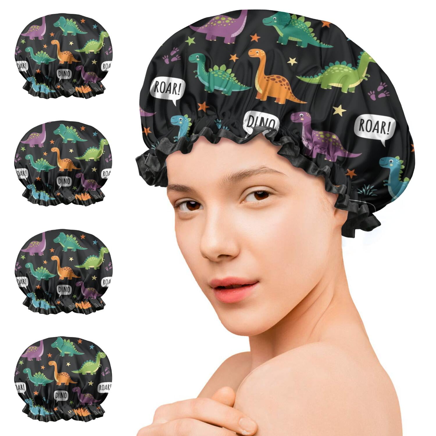 Shower Caps,Black Dinosaurs Speech Bubbles Pattern Waterproof Shower Cap for Women 4 Pieces,Double Reusable Hair Cover for Shower PEVA Elastic Stretch Hem