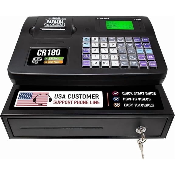 Nadex CR180 Electronic Cash Register, Steel Cash Drawers , Compact Design, Black