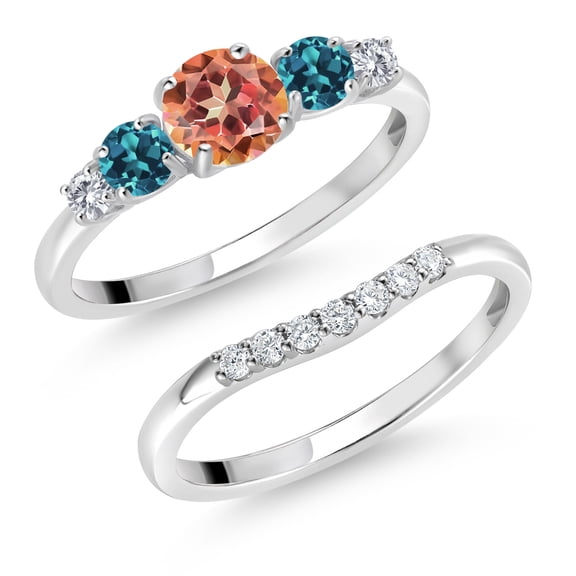 Gem Stone King 10K White Gold Ecstasy Mystic Topaz London Blue Topaz and White Lab Grown Diamond 5 Stone Bridal Engagement Wedding Ring Set for Women (1.37 Cttw, Round: 5MM and 3MM, Size 5)