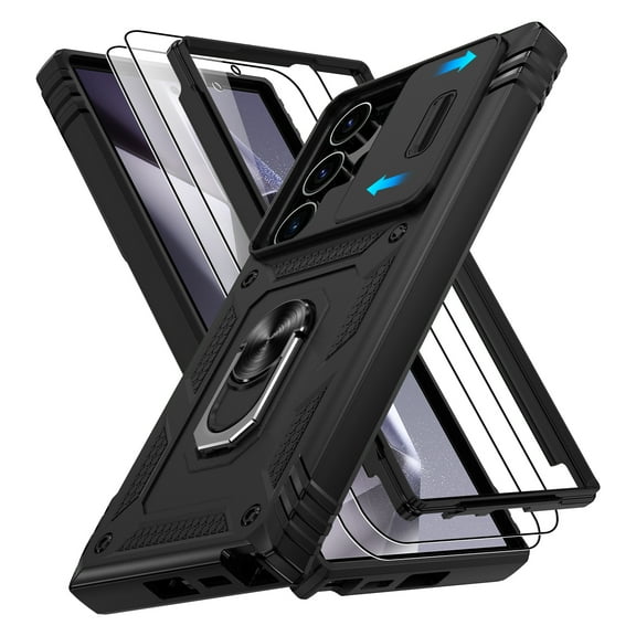 Jshru for Samsung Galaxy S24 Ultra Case with Slide Camera Cover | 2Pcs Screen Protector, 360°Rotation Ring Kickstand Drop Protector Cover for Galaxy S24 Ultra, Black