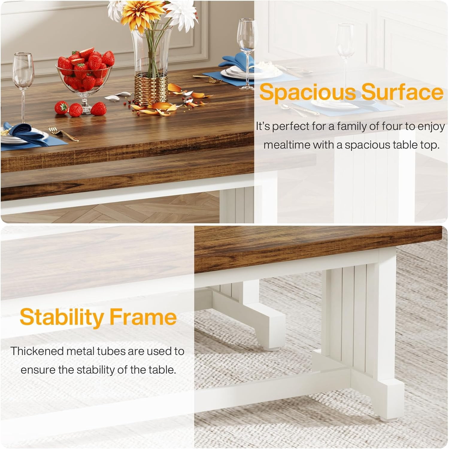Dining Table and Chair Set, 3-Piece Farmhouse Kitchen Table with 2 Benches, 52.76 in Length, White Brown