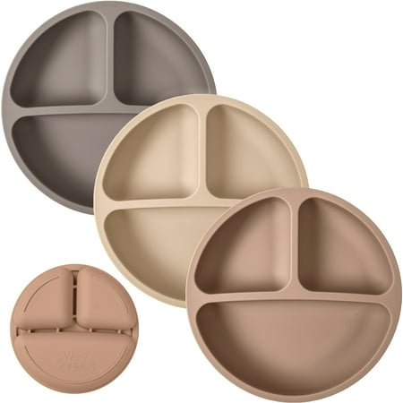 WeeSprout Baby Plates, 3 Compartment Section Plate, 3-Pack, Grey/Off White/Tan