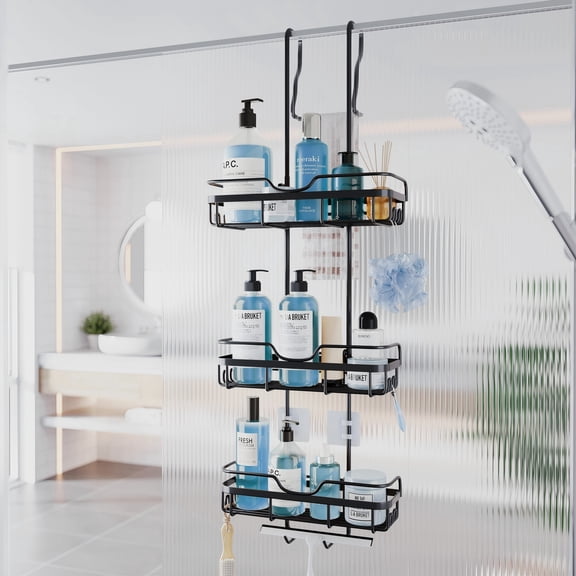 SHINGONE Shower Caddy over The Door Organizer: Bath Rack Hanging over Glass with Hooks - Storage Shelf Inside Bathroom for Shampoo - Matte Black