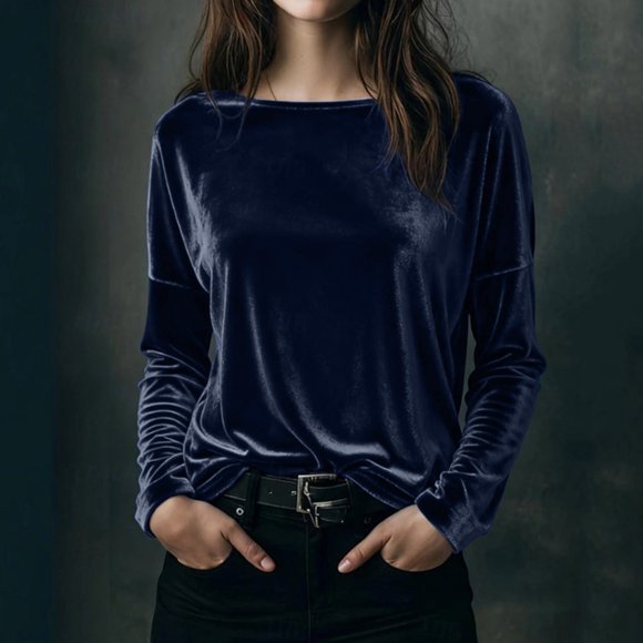 Karight Velvet Tops for Women Long Sleeve Crew Neck Tshirts Casual Loose Fit Tunic Blouses Elegant Party Dressy Outfits