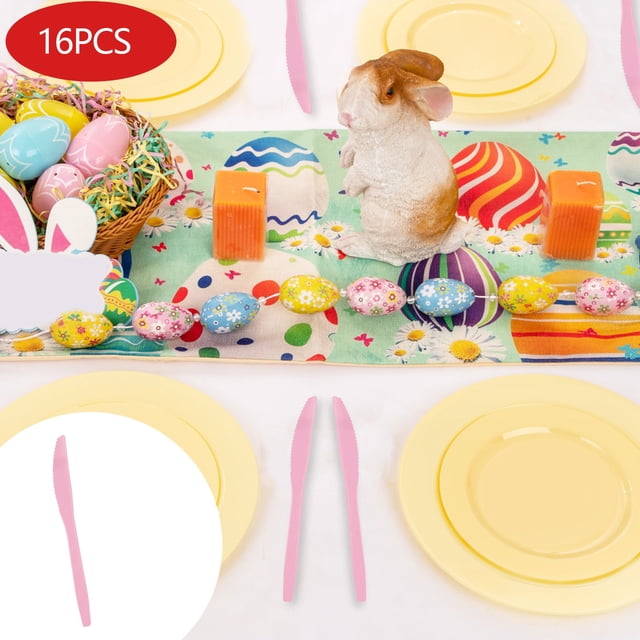 Juego de platos y cubiertos desechables de papel para Pascua | Vajilla multicolor de plástico y papel (10 piezas) | Artículos ecológicos para fiestas con platos, tenedores, cuchillos, cucharas