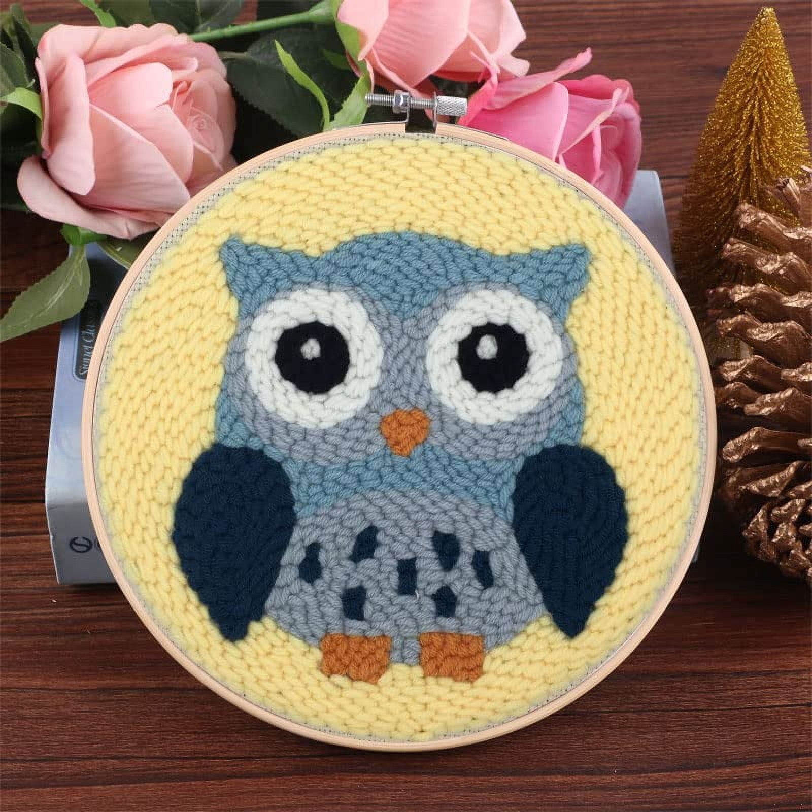 2 Pack Easy DIY Punch Needle Kits Embroidery Kits Set for Starter Kits with Stamped Color Pattern with Instruction,Yarn and Embroidery Wooden Handle Needle Pen (Owl & Mushroom)