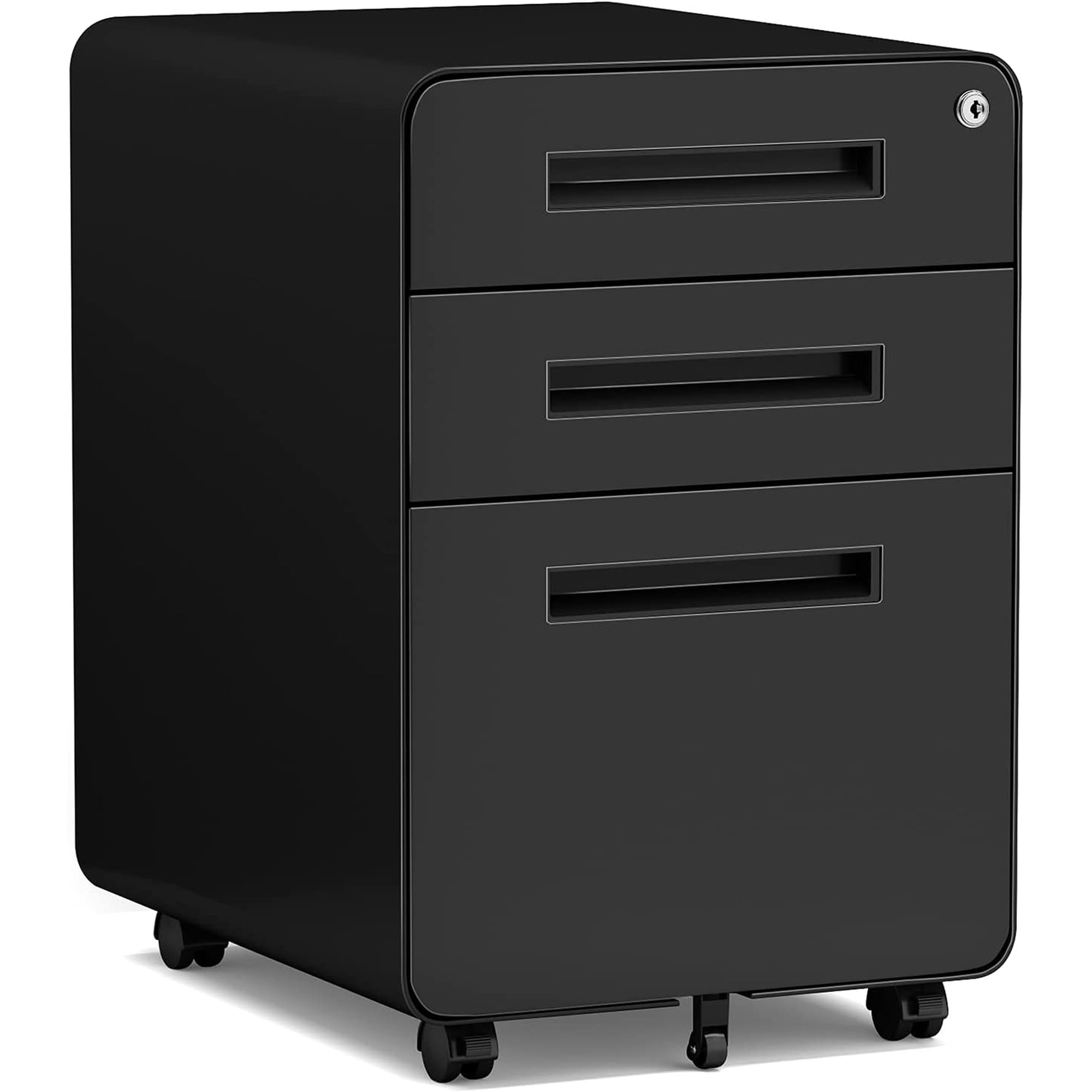 Mobile Filing Cabinet 3 Drawer Rolling Small File Cabinet with Keys Under Desk Modern Black Filing Cabinets for Home Office with Anti-tilt Wheels A4/Letter/Legal Hanging File Drawers
