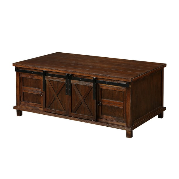Distressed Coffee Table With Storage Shelf And Sliding Doors Walmart Com Walmart Com