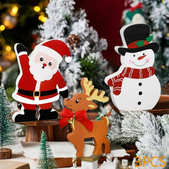 IBEEDOW 3PCS Snowman Christmas Decorations Indoor, Christmas Wooden Tiered Tray Decorations, Winter Table Decor for Xmas Table, Home, Office Shelf Holiday Party (Santa Snowman Reindeer)