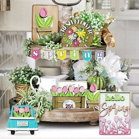12PCS Hello Spring Tiered Tray Decor Spring Table Wooden Sign Decorations Flower Tabletop Farmhouse Coffee Signs Hello Spring Decor for Spring Party Home Kitchen Holiday
