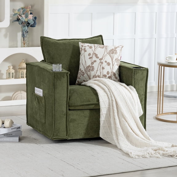Delmango 32“ Wide Swivel Accent Chair, Comfy Couch with Cup Holders and Side Pockets, Modern Sofa Chair for Living Room, Bedroom, Corner, Green