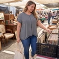 thumbnail image 4 of GRACE & GRANDEUR Women's Plus Size Tops Vertical Stripe V Neck Short Sleeve Blouses Drop Shoulder Top 1X Blue Gray, 4 of 7