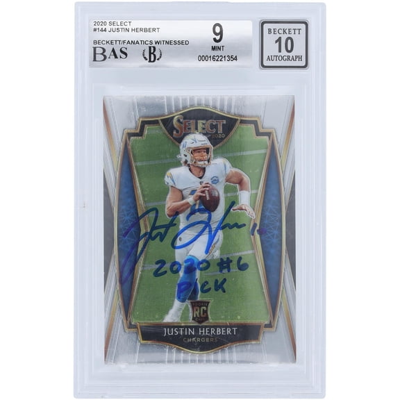 Justin Herbert Los Angeles Chargers Autographed 2020 Panini Select #144 Beckett Fanatics Witnessed Authenticated 9/10 Rookie Card with "2020 #6 Pick" Inscription - Fanatics Authentic Certified