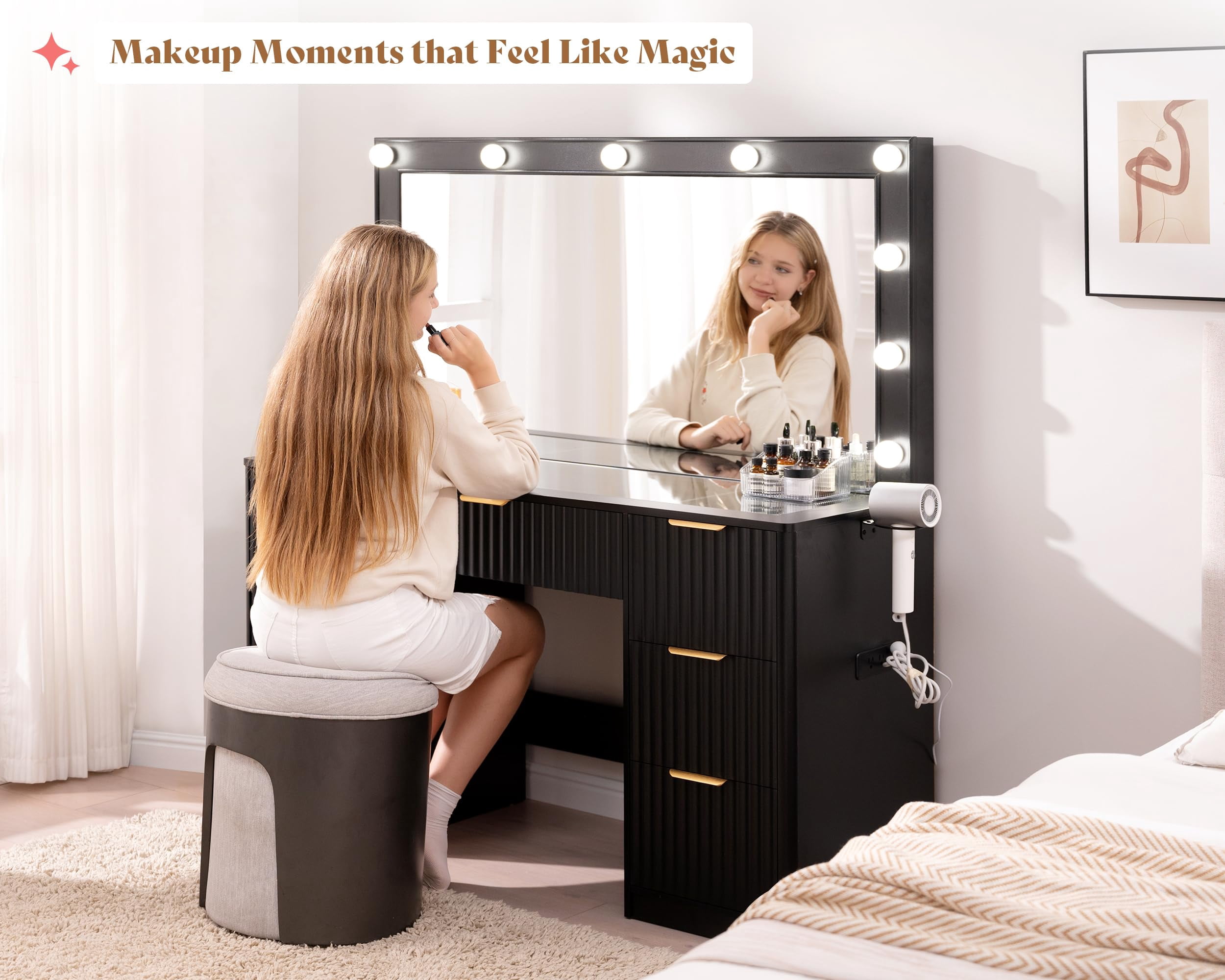 Merluxy 47.2" Girls Vanity Desk with Large Mirror and Adjustable LED Lights, 7 Drawers Makeup Table with Glass Top and Charging Station, Black