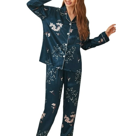 

sdghg Women 2pcs Satin Pajamas Set Long Sleeve Button Up Shirt and Casual Loose Elastic Pants Sleepwear Loungewear