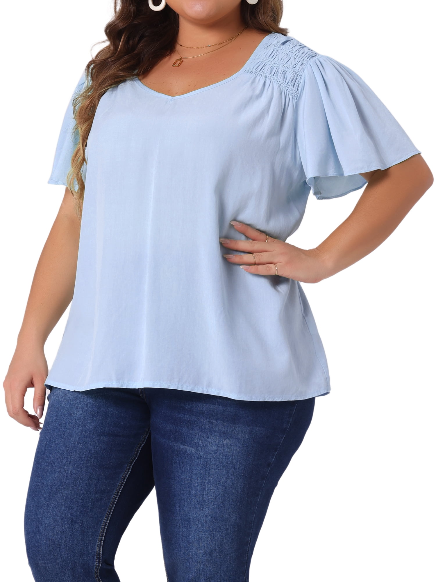 DARING DIVA Women's Plus V Neck Ruffle Sleeve Smocked Shoulder Blouse 3X Blue