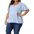 thumbnail image 2 of DARING DIVA Women's Plus V Neck Ruffle Sleeve Smocked Shoulder Blouse 3X Blue, 2 of 6