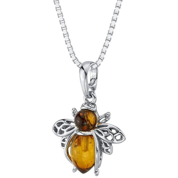 PEORA Genuine Baltic Amber Bee Pendant Necklace for Women 925 Sterling Silver, Rich Cognac Color, with 18 inch Chain