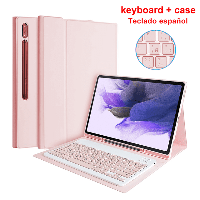 Pour Samsung Galaxy S7 FE Étui Clavier Couverture Complète pour Galaxy Tab S8 S7 Plus Ultra S6 Lite A8 Étui de Protection pour Tablette Clavier Espagnol Rose P8 Plus 12,4 Pouces