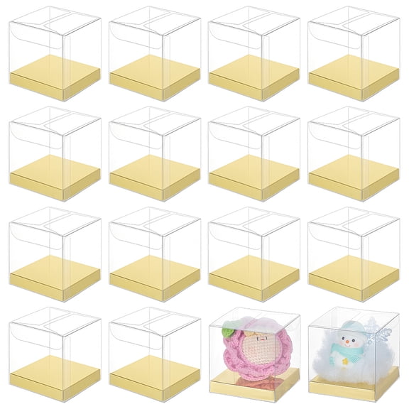 30 Pcs Clear Gift Boxes 2.4x2.4x2.4 Inch Folding PVC Favor Boxes with Gold Paper Card Base for Wedding Birthday Party Festival Gift Packaging