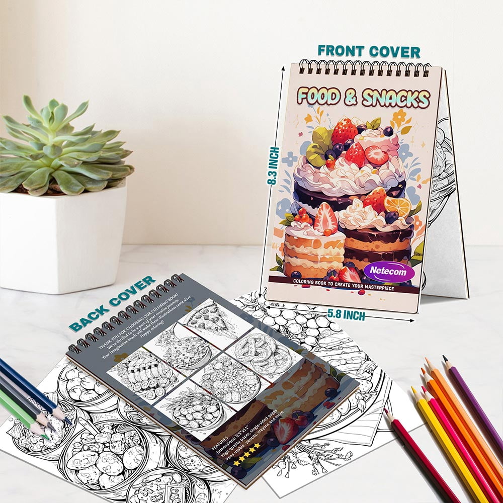 Netecom Food & Snacks Coloring Book Spiral Bound For Adults, A5 Wooden Cover, 30 Fun Coloring Pages of Comfort Foods for Stress Relief and Relaxation