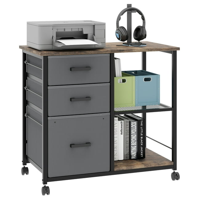 DSSTYLES Lateral File Cabinet, 3 Drawer File Cabinet, Mobile Filing Cabinet Printer Stand Fits A4 or Letter Size, Lateral File Cabinet with Wheels, Under Desk Storage Cabinet for Home Office, Grey