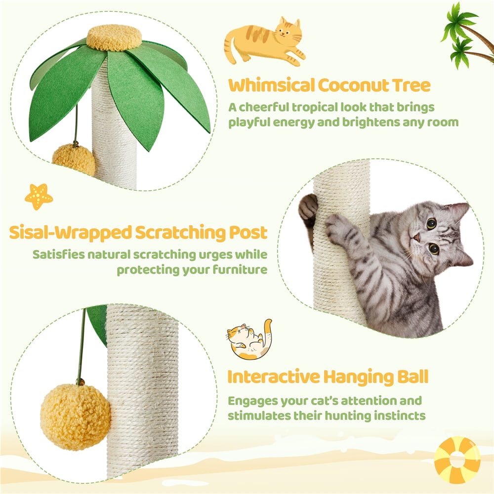 Yaheetech 37.1" Tall Coconut Palm Cat Tree with Large Condo and Scratching Post, Green/Yellow