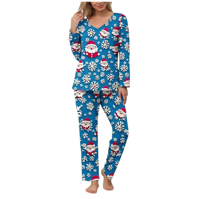 YOIAVAIOY Ensemble de Pyjama pour Femmes à Imprimé de Noël, Blocs de Couleur, Ensembles de Pyjama Graphiques de Noël, 2 Pcs, T-Shirts à Col Rond et Pantalons à Jambe Grand, Tenue de Nuit Décontractée Assortie, Violet, TTG