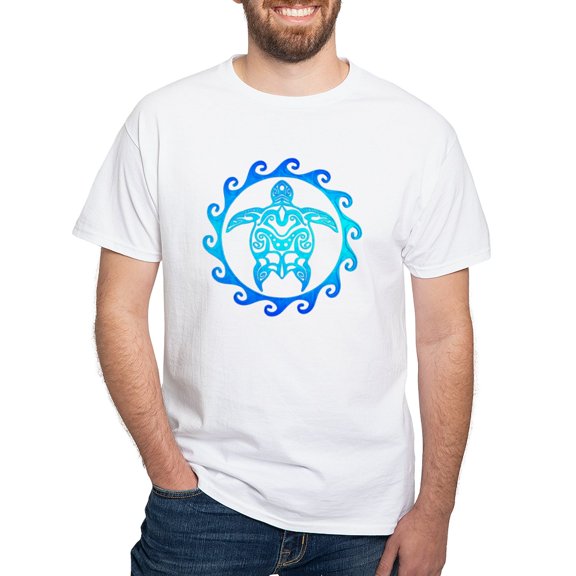 CafePress - Blue Tribal Turtle Sun T Shirt - Men's White Classic Cotton T-Shirts