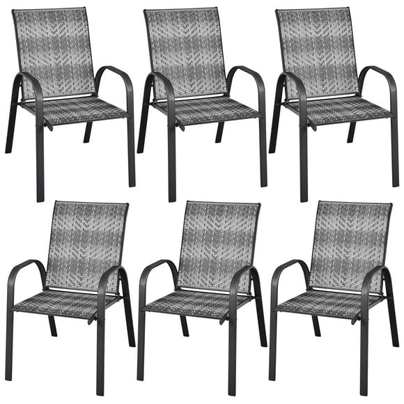 Gymax 6PCS Outdoor PE Wicker Stacking Dining Chairs Patio Arm Chairs Mix Grey