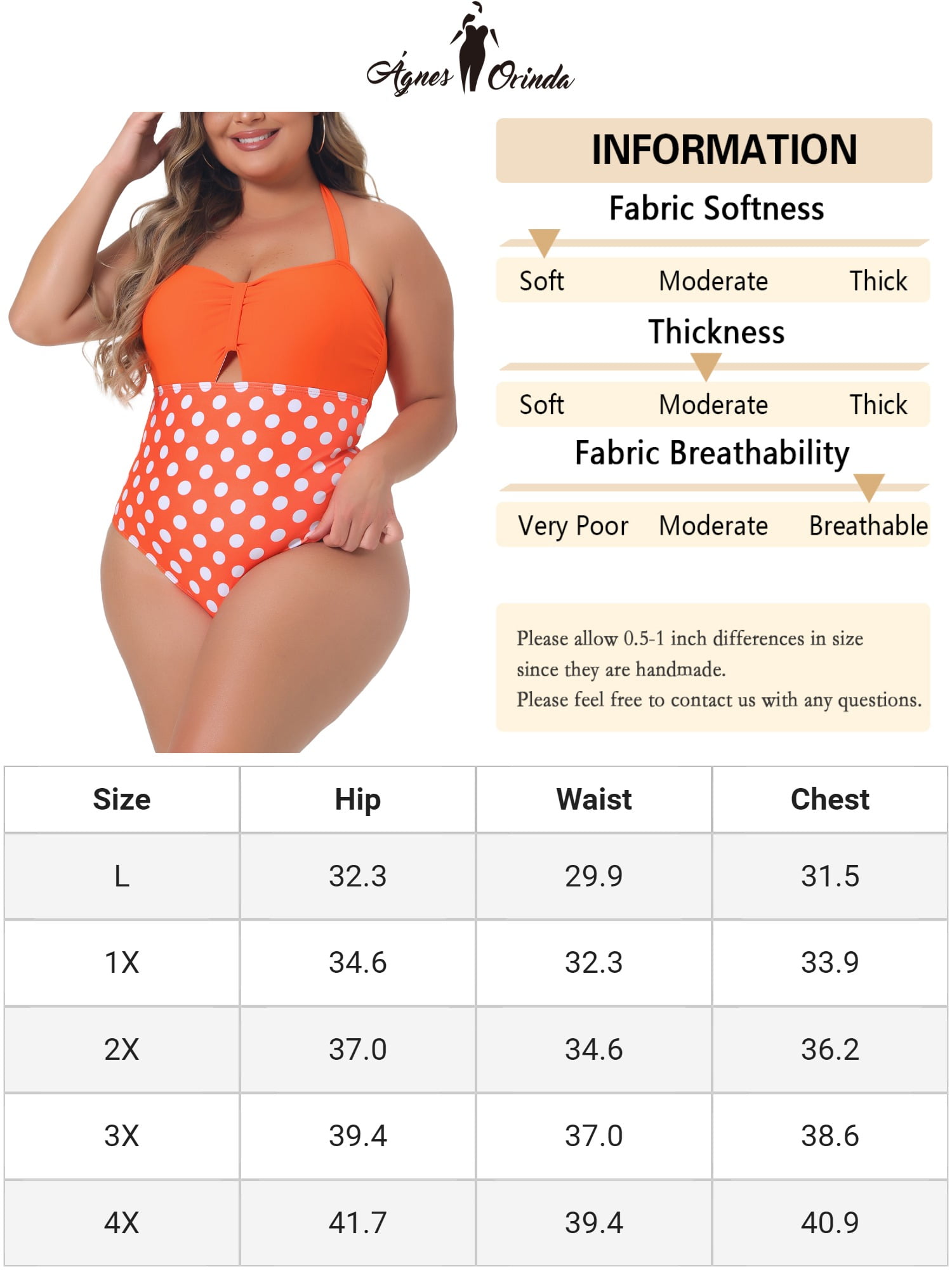 DARING DIVA Women's Plus Tummy Control Bathing Suit Cutout Swimwear L Orange