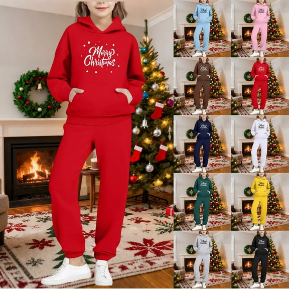 Piuwrlz Teen Sweatsuits Sets Girls Two Piece Jogger Set Pocket Christmas Round Neck Sweats and Sweatpants Dark Blue Size 11 Years