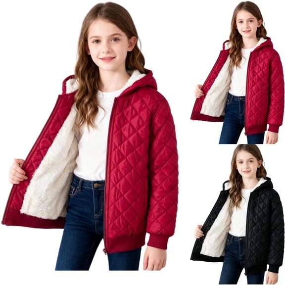 MKOSPLRT Quilted Jackets for Girl Full Zip Hooded Sherpa Fleece Lined Winter Coats Solid Warm Long Sleeve Outerwear 3-12 Years