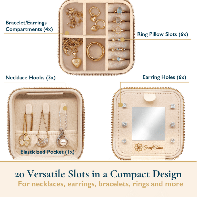 Plush Velvet Travel Jewelry Box Organizer Gift for Women Accessories ,  Small Vintage Earring Ring Bags Holder Organizers Case Mini with Mirror ,  Little Girls Kids Jewerly Boxes Organizator Storage 