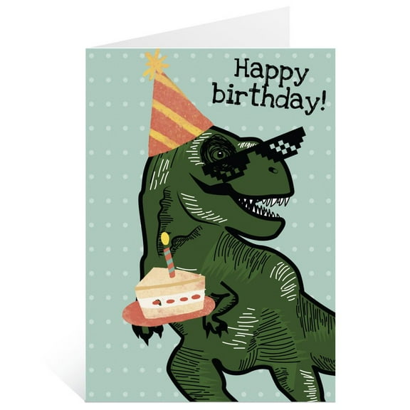 Funny Dinosaur Birthday Card – Tyrannosaurus Rex with Cake – Humorous Design for Kids, Teens & Adults – Blank Inside with Envelope Included
