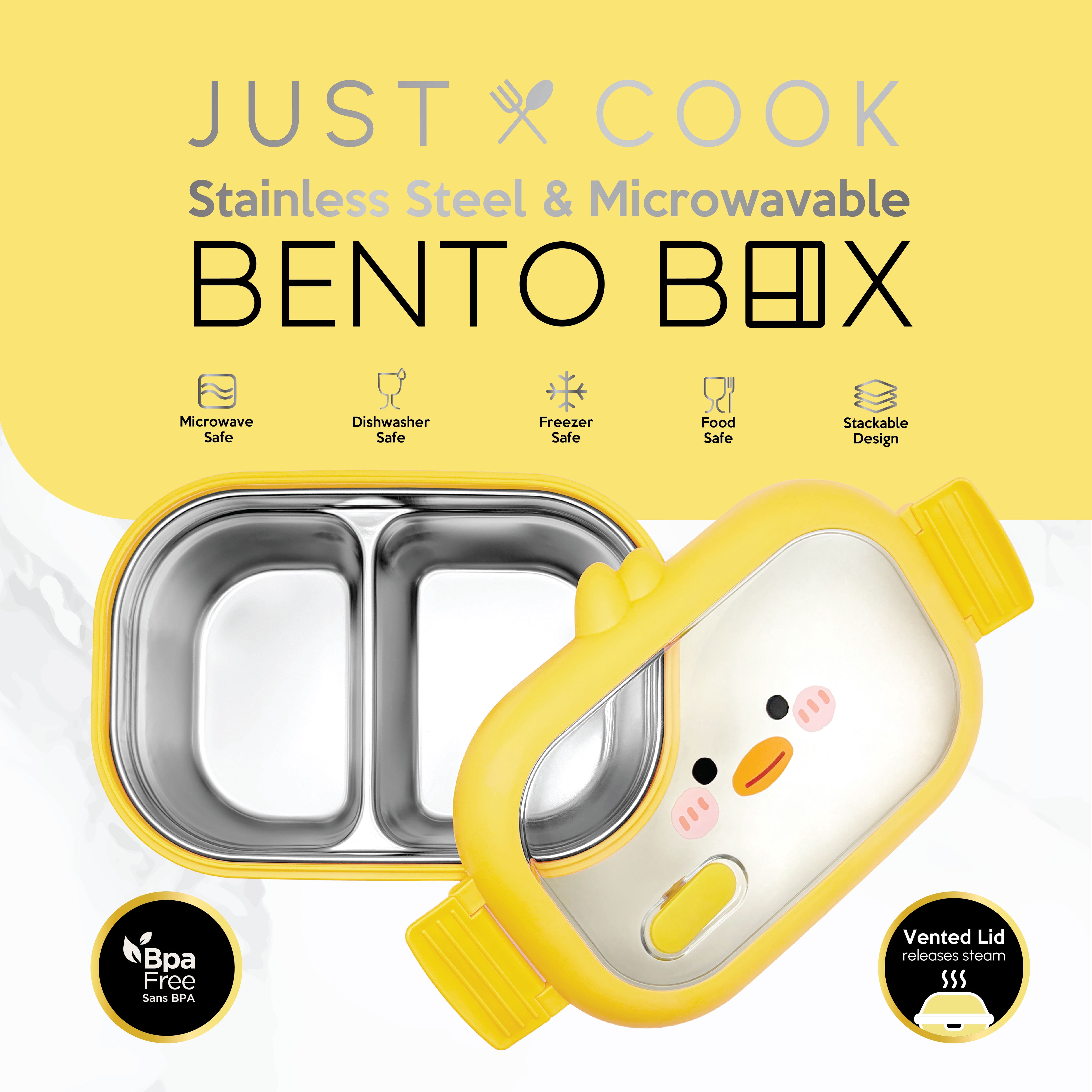 Just Cook 2 Section Duck Locktop Microwave Safe Stainless Steel Bento 1000 ml (Yellow)