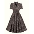 thumbnail image 1 of Robe à Manches Courtes à Col Montant en V à Motif Floral, Tunique Mature à Ourlet Volanté Évasé, Vêtements pour Femmes, 1 of 10