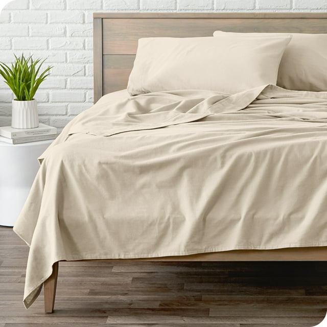 Bare Home Ensemble de Draps en Flanelle - 100 % Coton - Poche Profonde - Lit Simple, Sable, 3 Pcs