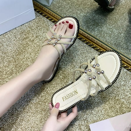 

uikmnh Slippers for Women Spring And Summer Women Slippers Cross Strap Flat Casual Beach Shoes Beige 8.5