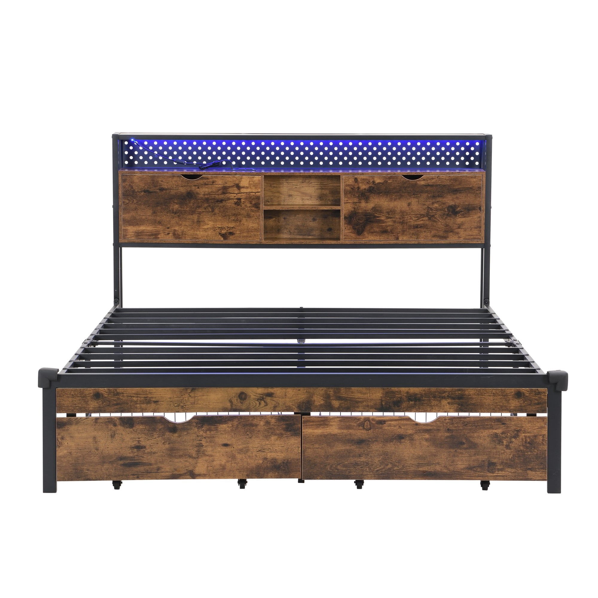 King Size Solid and Stable Metal Platform Bed Frame with Wooden Headboard and with Footboard USB,Charging Station, 2 Drawers,Storages, No Box Spring Needed, Easy Assemble (Black)
