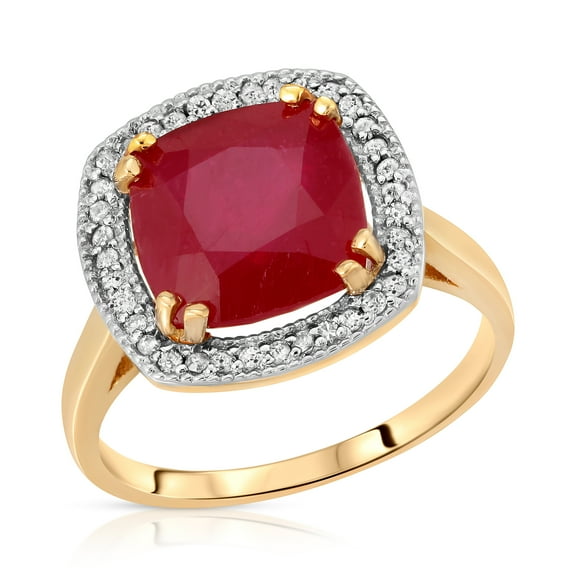 Galaxy Gold 14K Solid Yellow Gold Cushion Cut Genuine Brilliant Grade AAA Ruby Ring 6.9 CTW with Natural Diamonds (9.5)