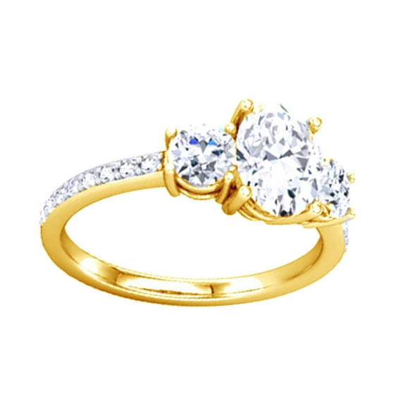AFFY Oval & Round Shape White Diamond Three Stone Engagement Ring 14K Solid Yellow Gold (0.25 Cttw)