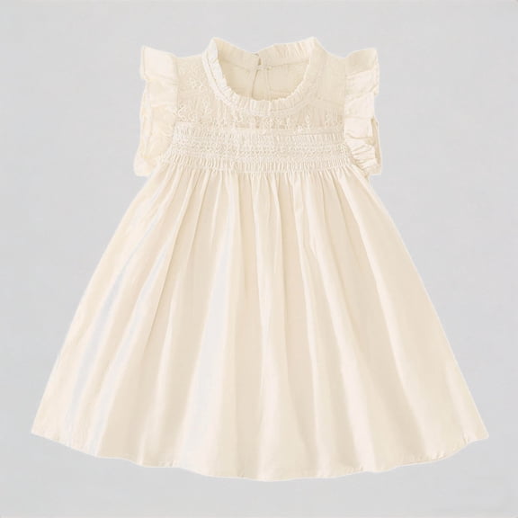 REDARER Girls Smocked Dress, Ruffle Sleeve Embroidered Neckline Cotton Linen Dress for Baptism & Casual,4-5 Years