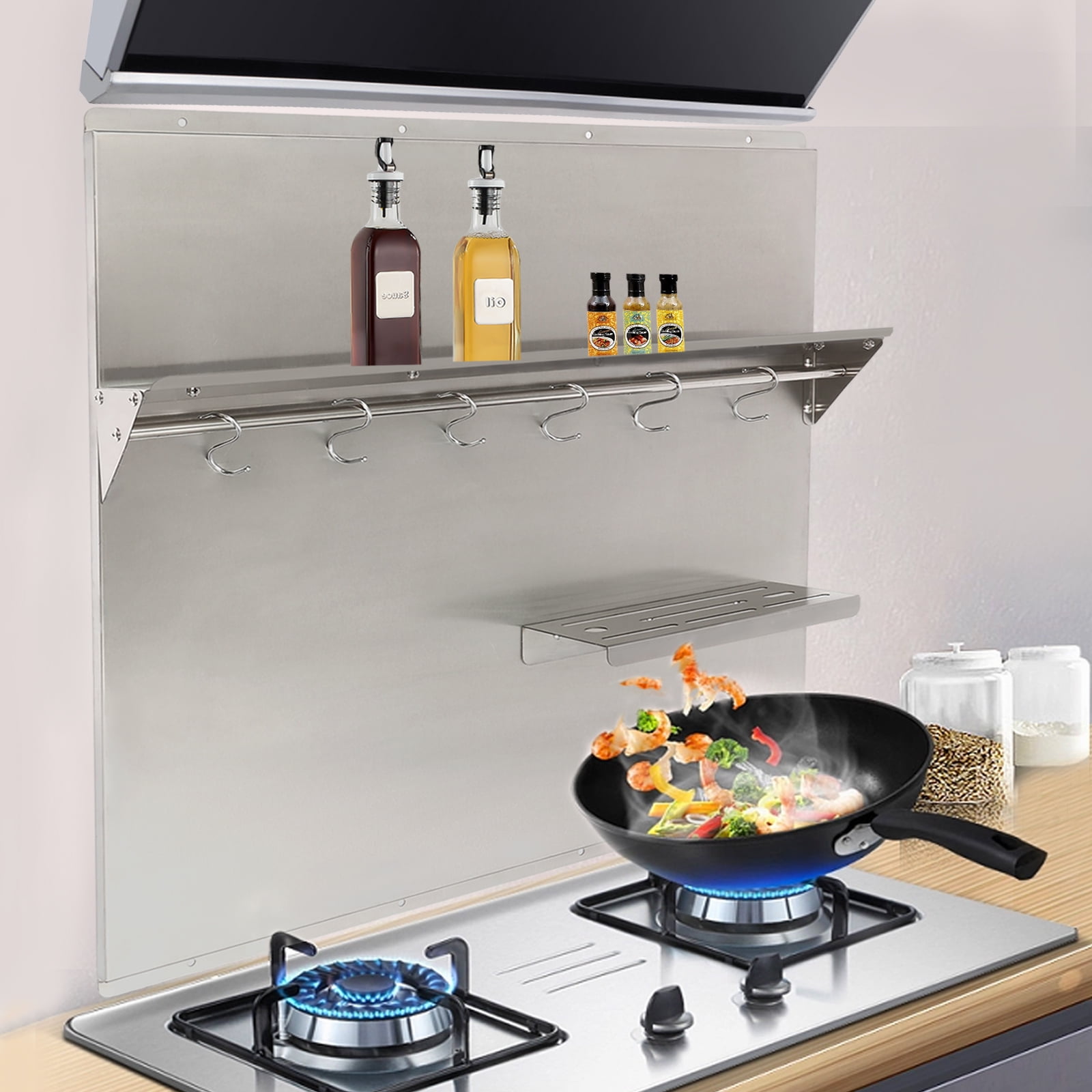 Range Hood Backsplash with Shelf, 201 Stainless Steel Construction, Includes 6 Hooks and Cutting Board Holder, Easy to Clean and Install