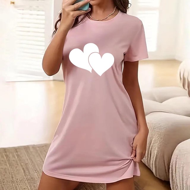 Xysaqa Cadeaux de la Saint-Valentin Chemises de Nuit pour Femmes Chemises de Nuit Douces Chemises de Nuit & Chemises de Nuit Imprimé Cœur Chemises de Nuit pour Femmes Robe de Pyjama Confortable Économies d'Été Rose L
