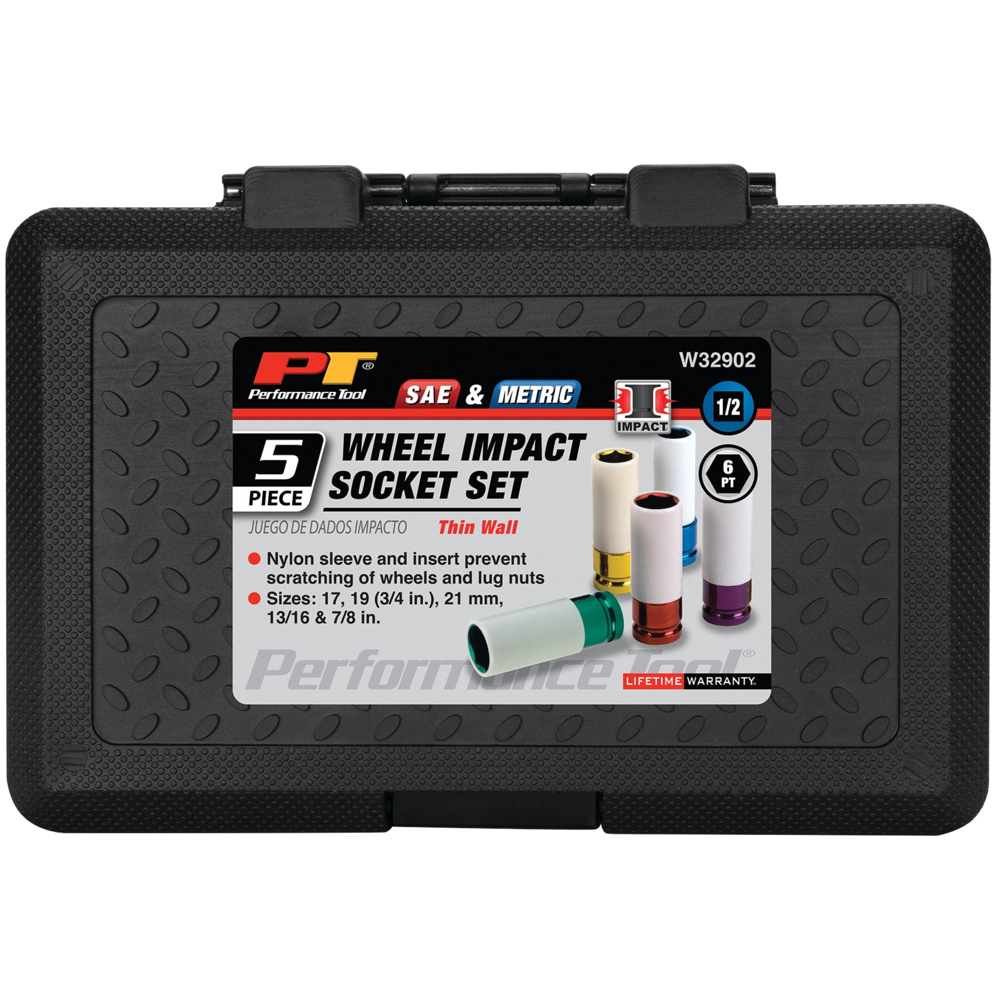 Performance Tool W32902 5pc 1/5-Inch Drive Metric& SAE Impact Socket Tool Set,  17, 19, 21mm & 13/16-Inch, 7/8-Inch, Non-Marring Protective Wheel Lug Nut Impact Socket Set